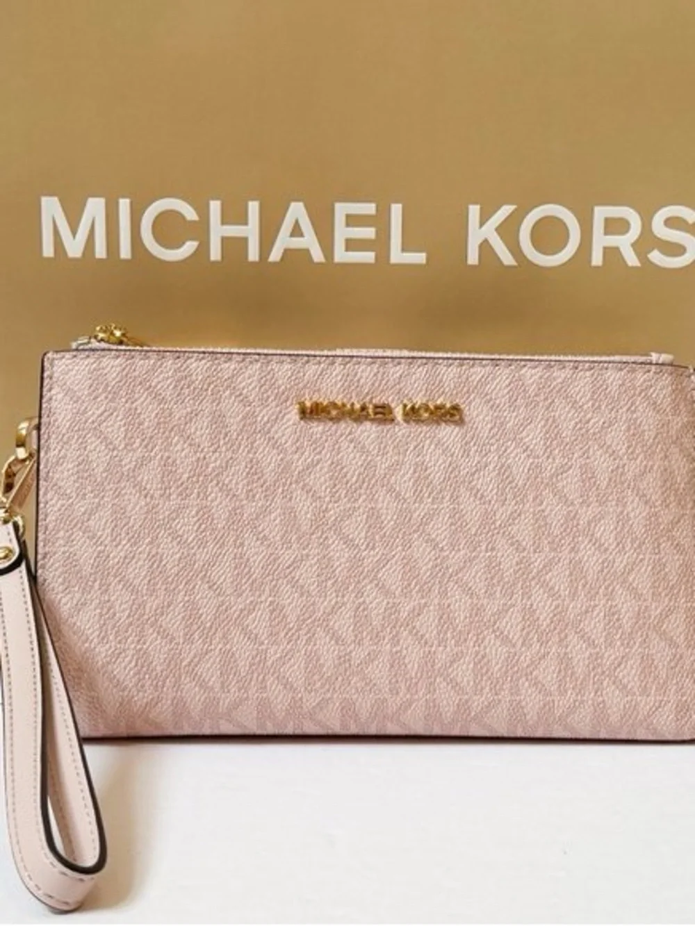 NWT Michael Kors Jet Set Double Zip Smartphone Blush Pink Logo Zip Wristlet